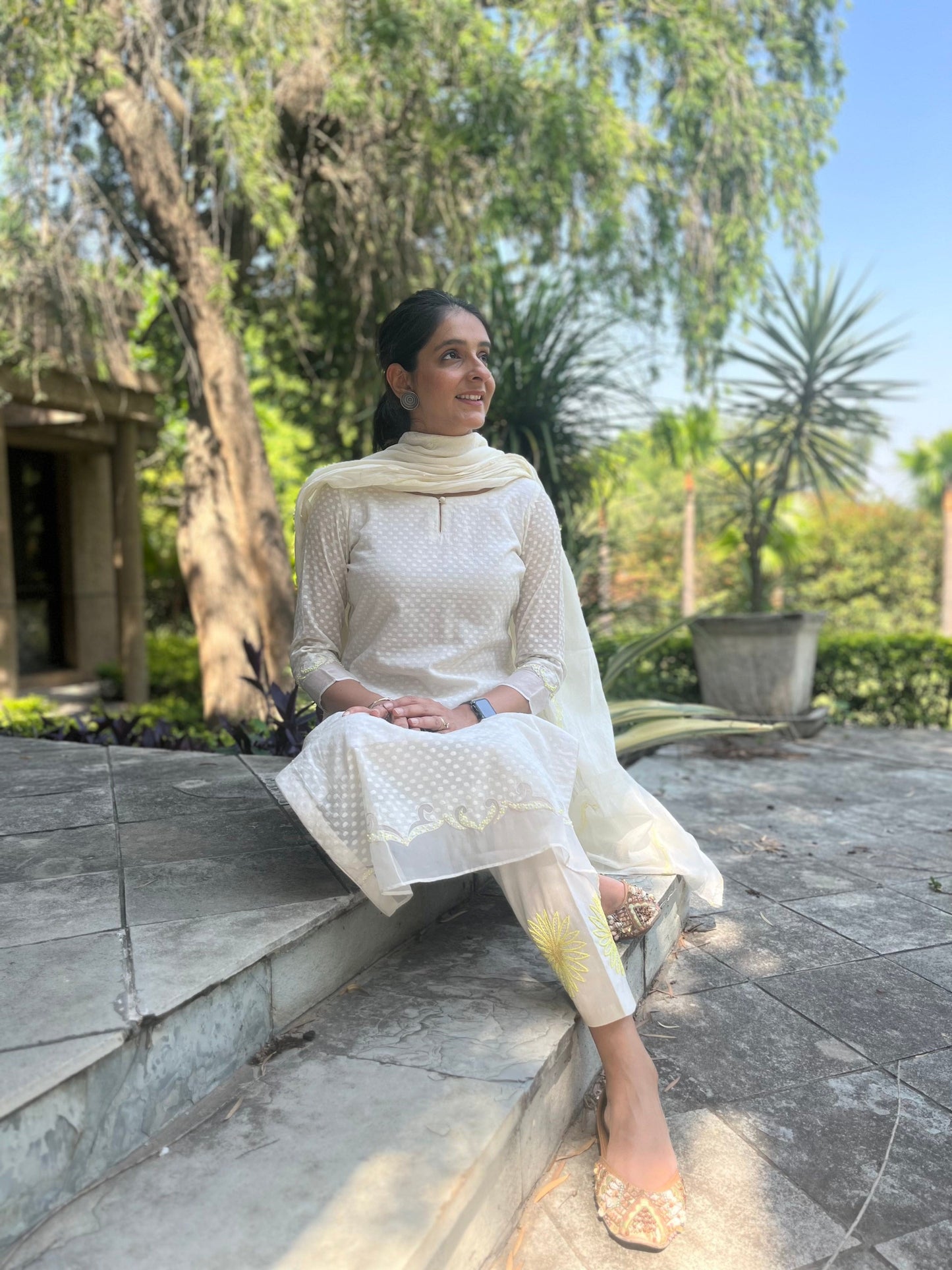 Cotton Jacquard Suit with Beads Embroidery