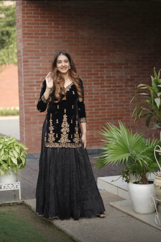 Black silk velvet with crinkled skirt