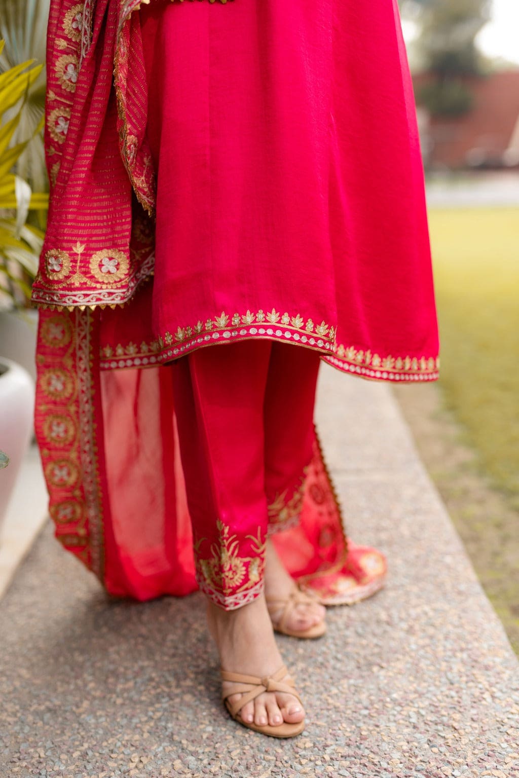 Fushia suit with zari lehriya dupatta