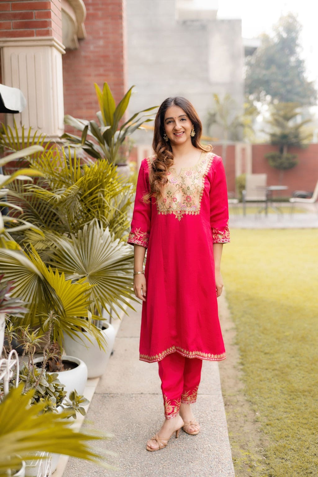 Fushia suit with zari lehriya dupatta