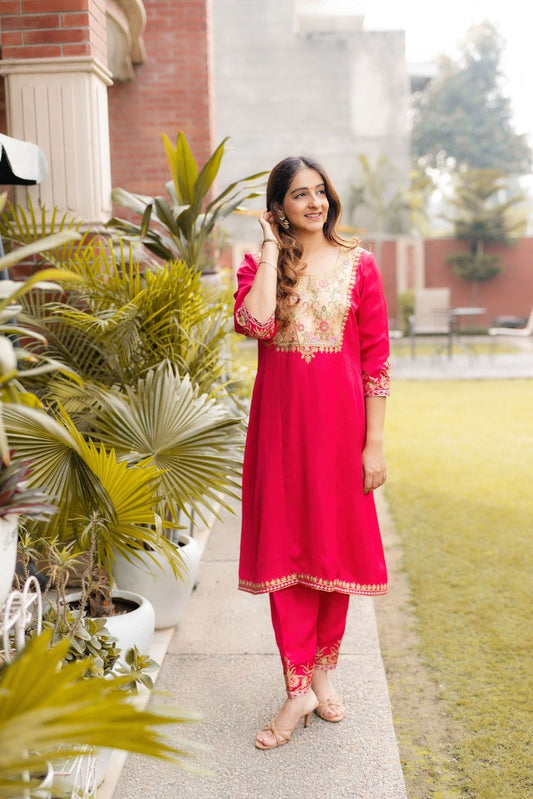 Fushia suit with zari lehriya dupatta