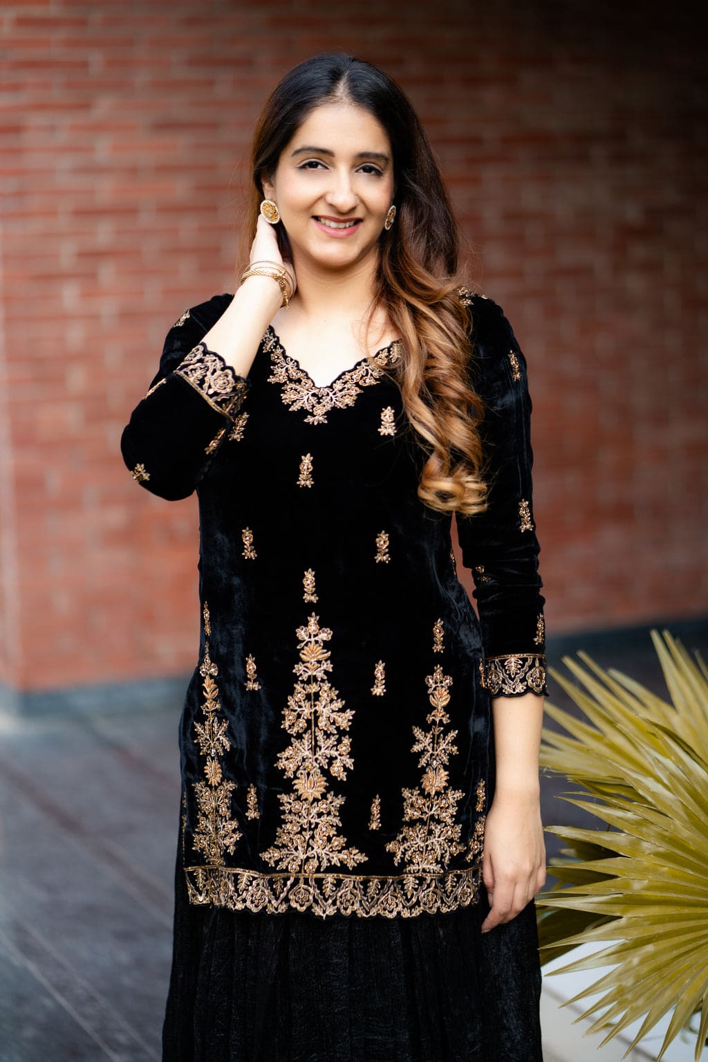 Black silk velvet with crinkled skirt