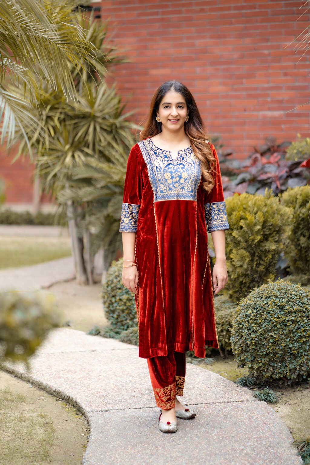 Rust velvet kurta with pants