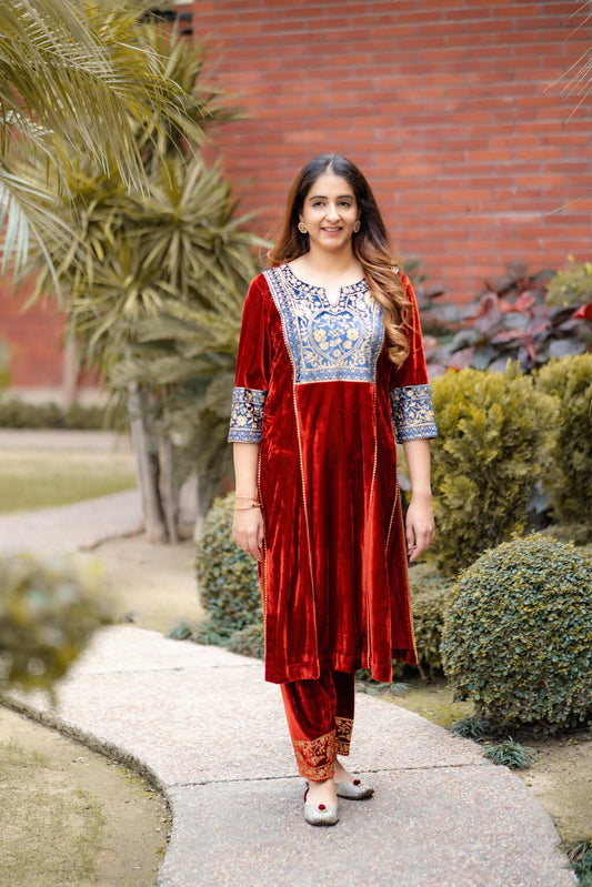 Rust velvet kurta with pants