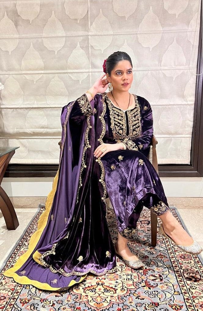 Deep Purple Silk Velvet Suit with Velvet Odhni