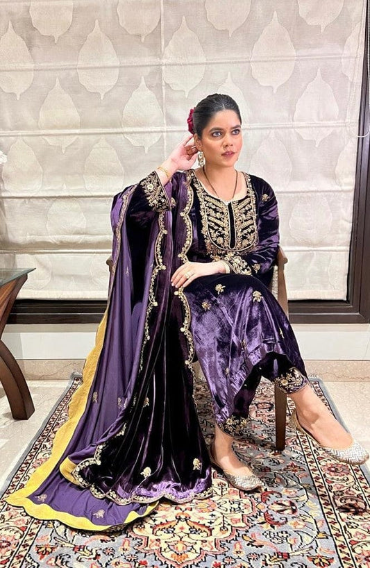 Deep Purple Silk Velvet Suit with Velvet Odhni