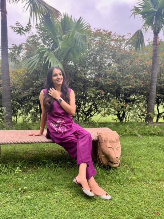 Purple deer embroidery co-ord