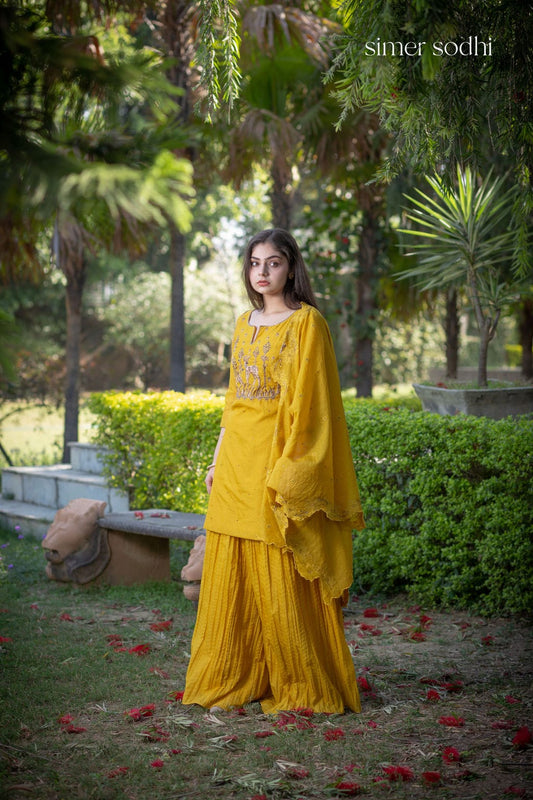Mustard Deer Neck Embroidery Sharara Outfit
