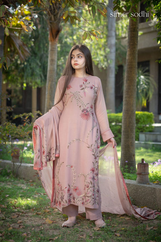 Pale Pink heavy front back embroidered suit with dupatta