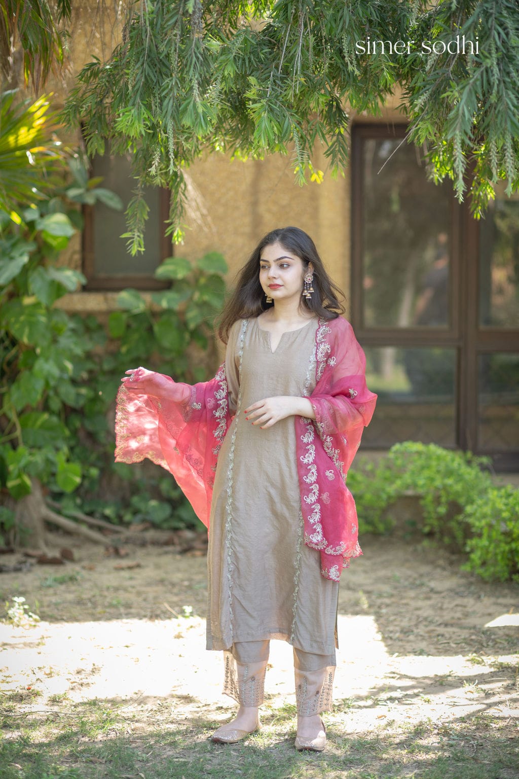 Beige Chanderi Suit with hot pink organza dupatta