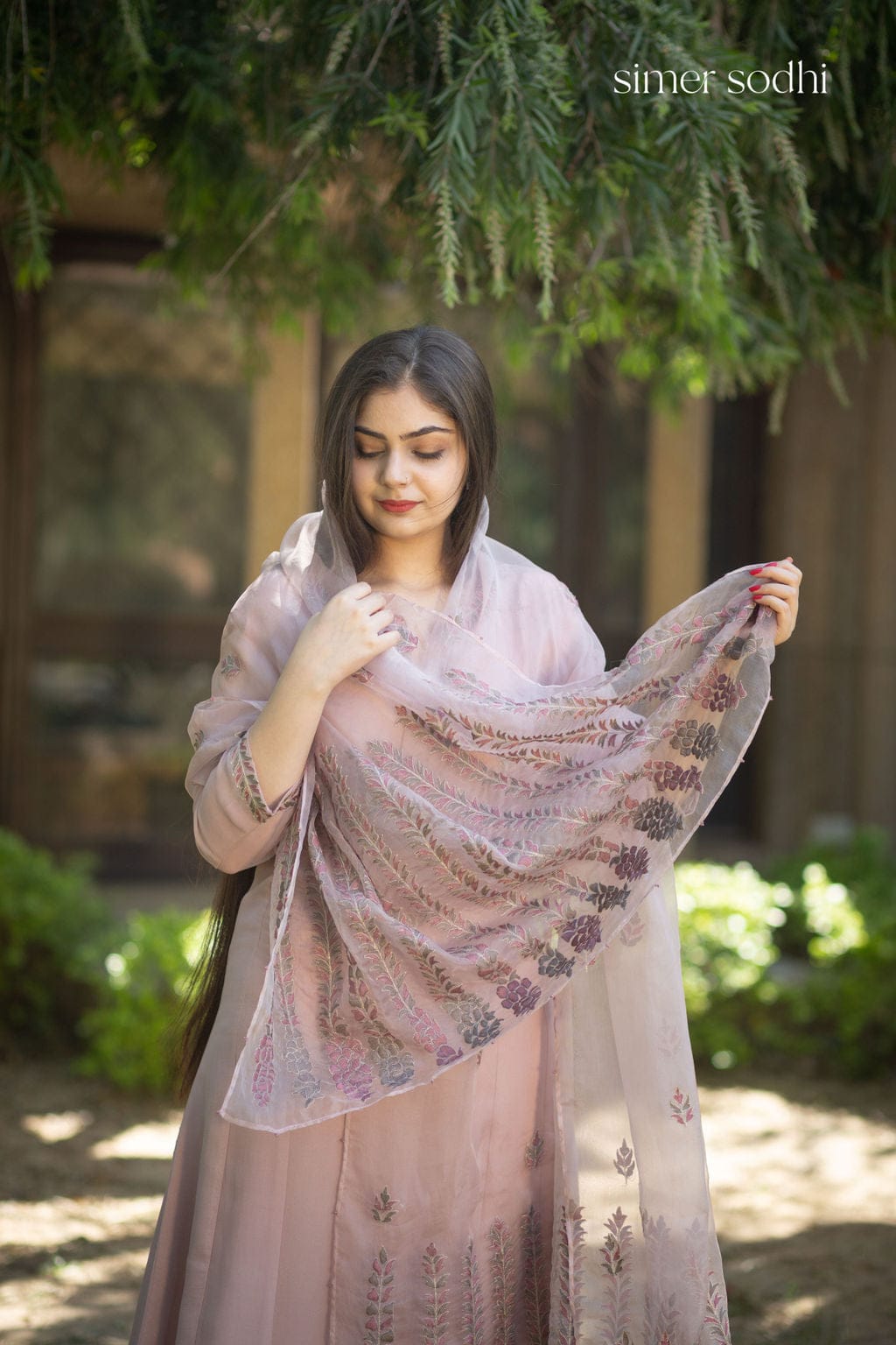 Pale Pink outfit with embroidered organza dupatta
