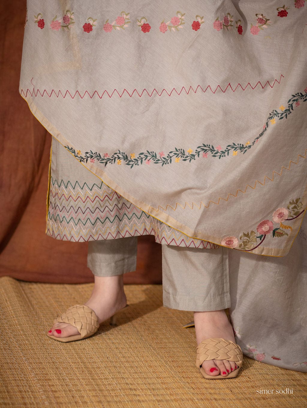 Grey Embroidered chanderi suit