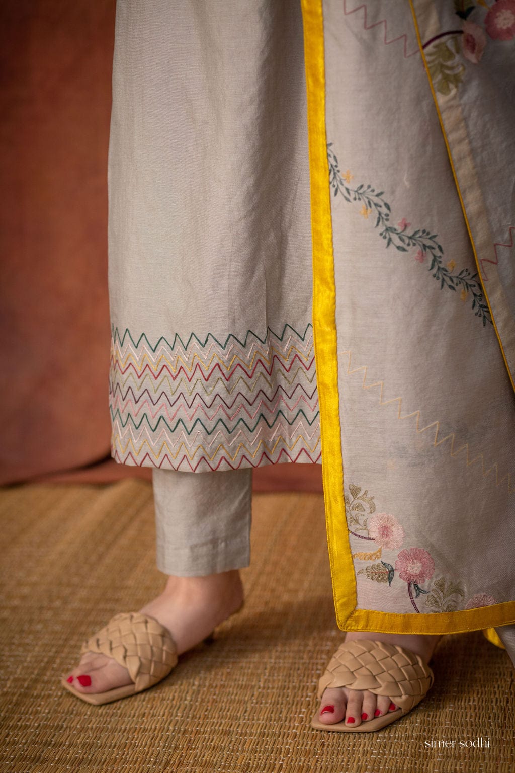 Grey Embroidered chanderi suit