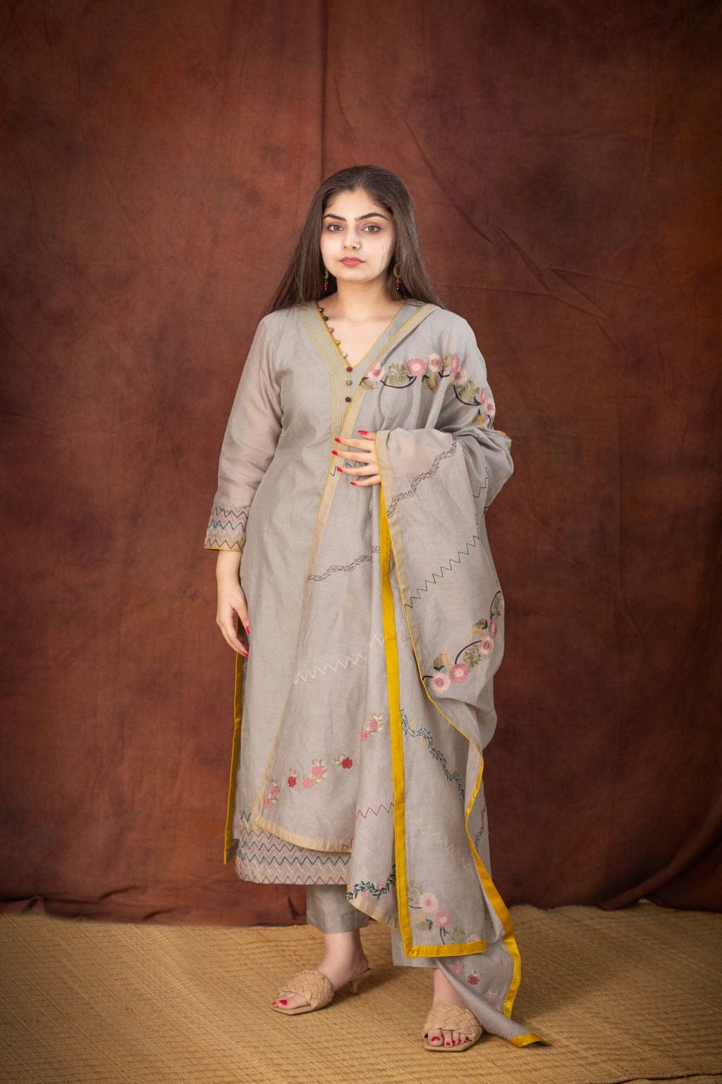 Grey Embroidered chanderi suit