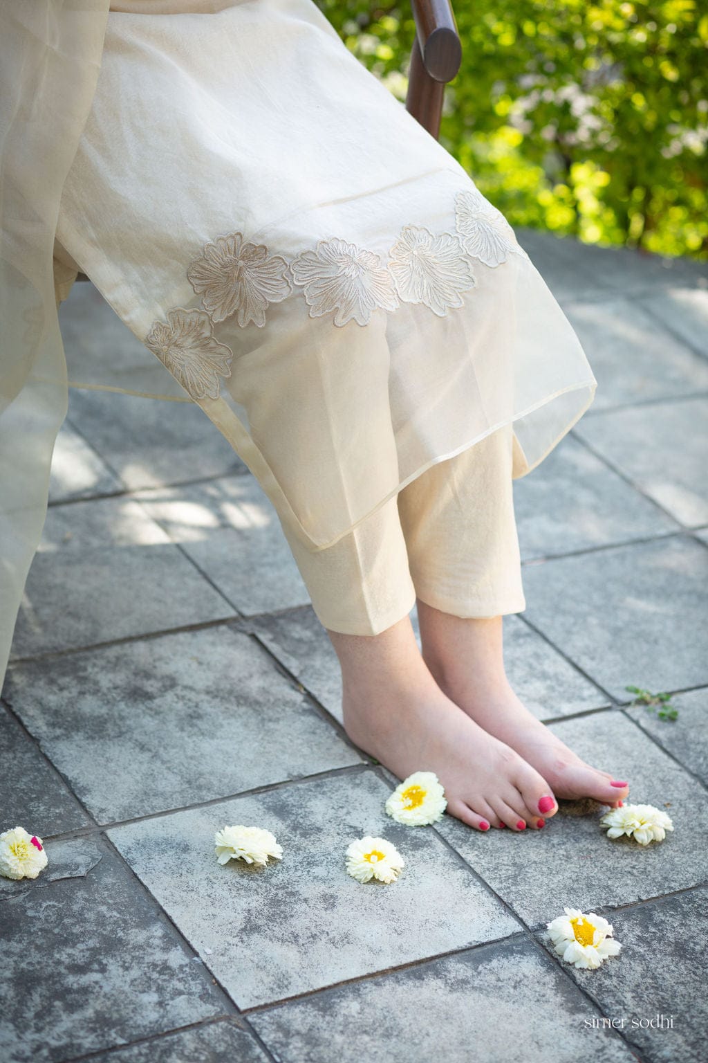 Cream Suit Organza embroidered hem