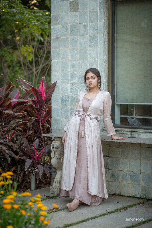 Pink Grey Waist Embroidered Jacket Outfit