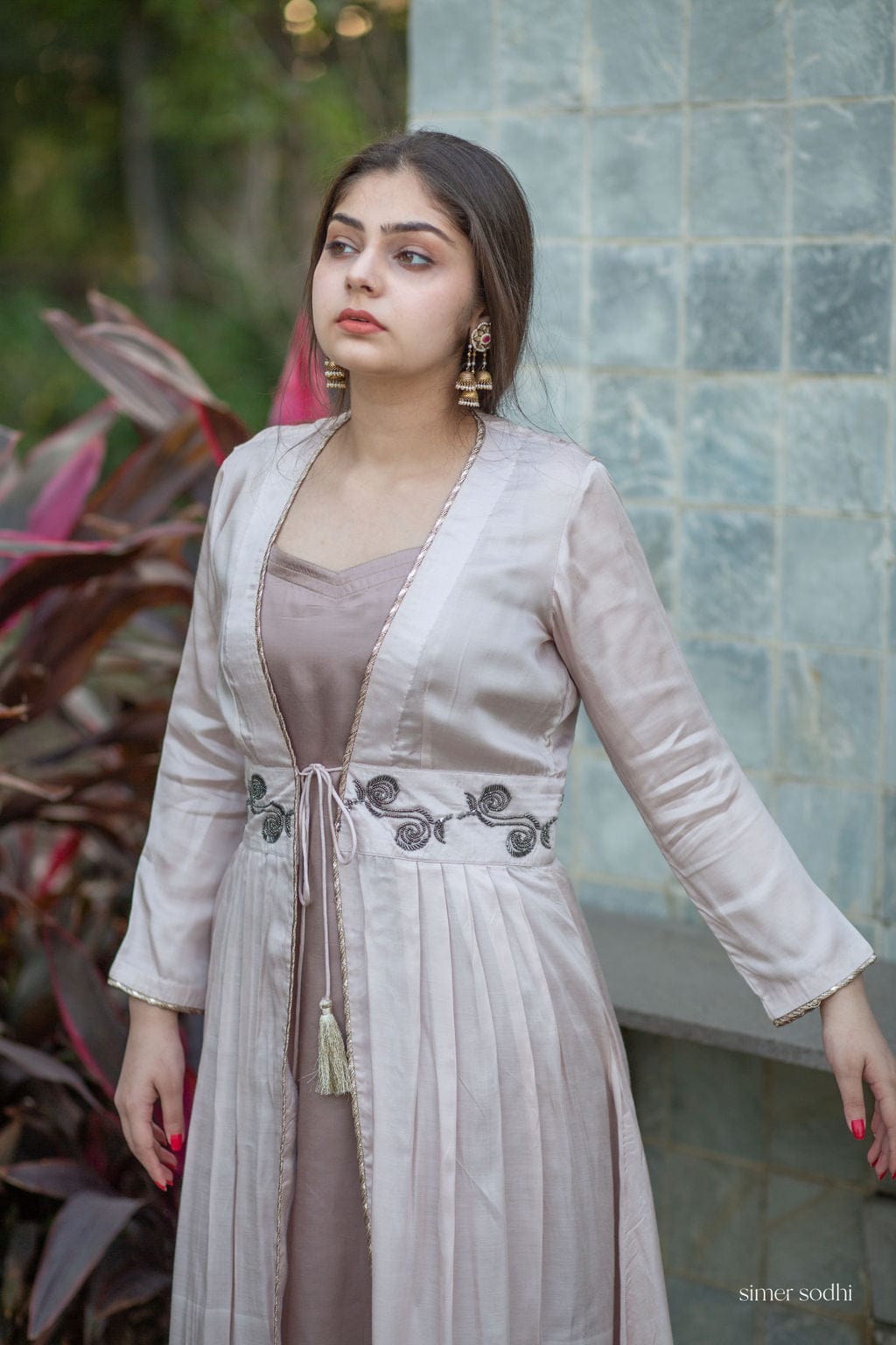 Pink Grey Waist Embroidered Jacket Outfit